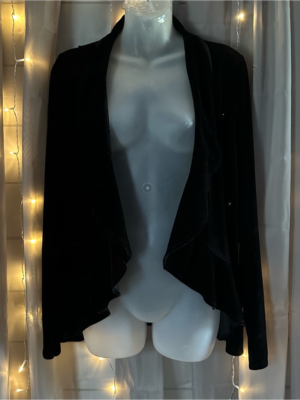 Cato black velvet/velour open front cardigan with sheer floral lace detail Sz L
